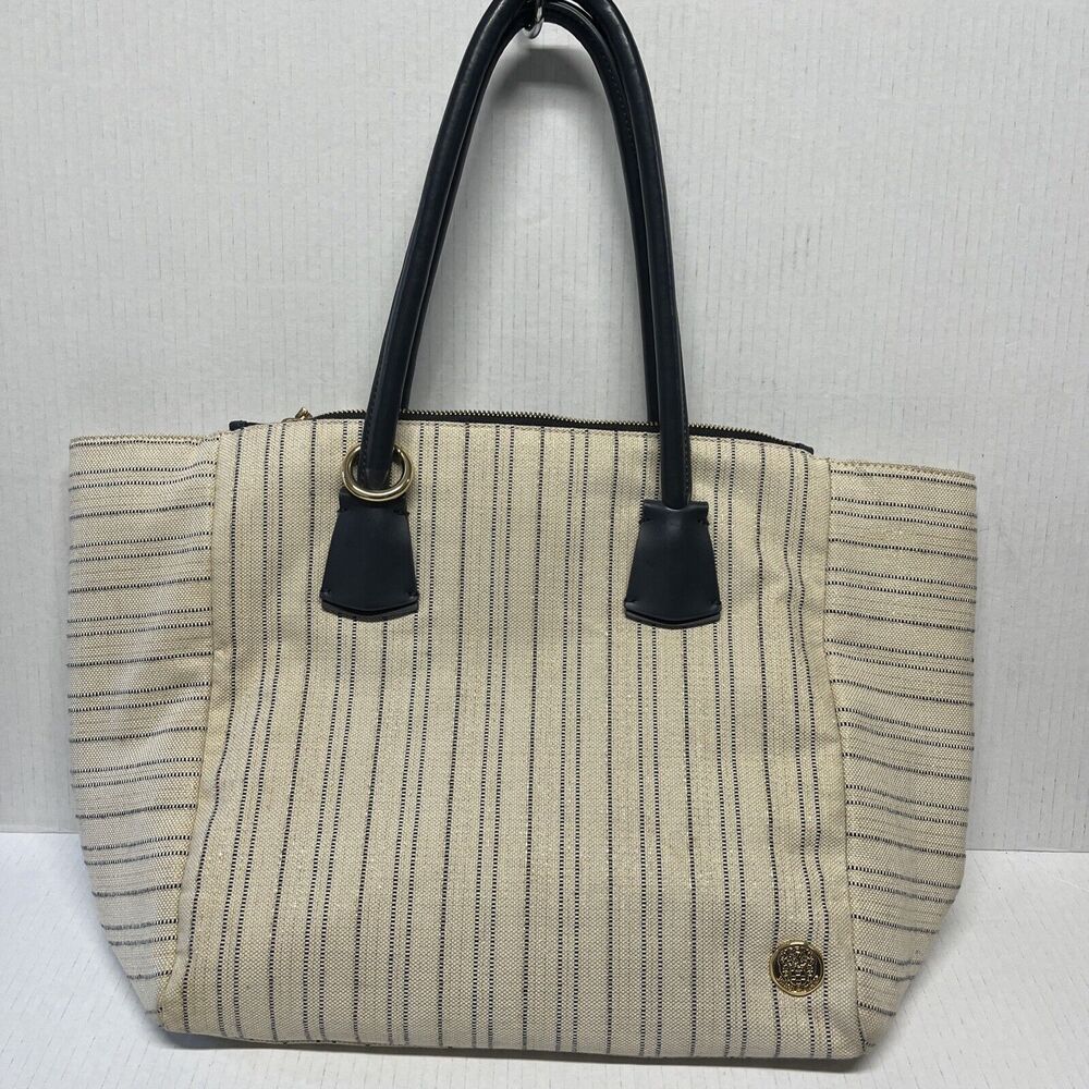 Vince Camuto Alea Tote Canvas Natural/Graphite Stripe Gold Metallic Detail